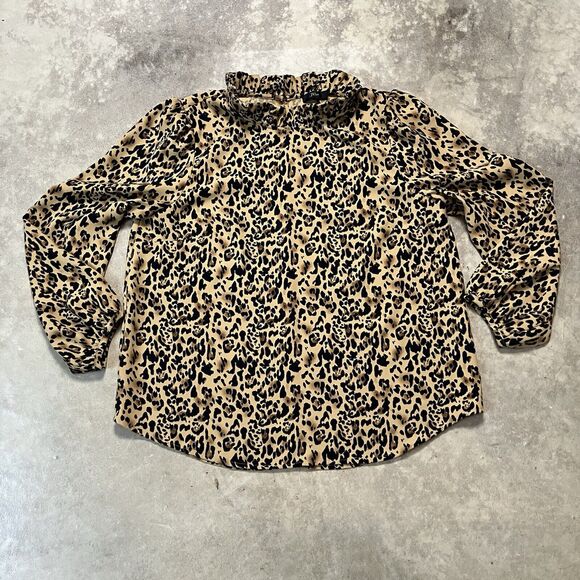 J.Crew Blouse Womens Large Ruffle‎ Neck Leopard Print Long Sleeve Style AJ555 - Picture 1 of 8